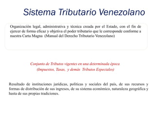 Sistema Tributario Venezolano
Organización legal, administrativa y técnica creada por el Estado, con el fin de
ejercer de forma eficaz y objetiva el poder tributario que le corresponde conforme a
nuestra Carta Magna (Manual del Derecho Tributario Venezolano)




             Conjunto de Tributos vigentes en una determinada época
                (Impuestos, Tasas, y demás Tributos Especiales)


Resultado de instituciones jurídicas, políticas y sociales del país, de sus recursos y
formas de distribución de sus ingresos, de su sistema económico, naturaleza geográfica y
hasta de sus propias tradiciones.
 