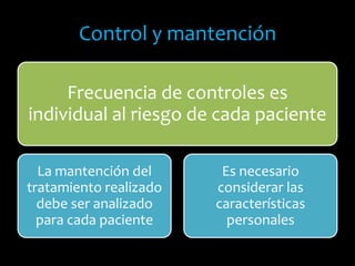 Control y mantención
Frecuencia de controles es
individual al riesgo de cada paciente
La mantención del
tratamiento realizado
debe ser analizado
para cada paciente
Es necesario
considerar las
características
personales
 