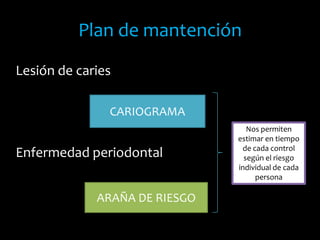 Plan de mantención
Lesión de caries
Enfermedad periodontal
CARIOGRAMA
ARAÑA DE RIESGO
Nos permiten
estimar en tiempo
de cada control
según el riesgo
individual de cada
persona
 