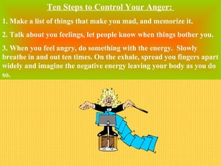 Ten Steps to Control Your Anger:
1. Make a list of things that make you mad, and memorize it.
2. Talk about you feelings, let people know when things bother you.
3. When you feel angry, do something with the energy. Slowly
breathe in and out ten times. On the exhale, spread you fingers apart
widely and imagine the negative energy leaving your body as you do
so.
 