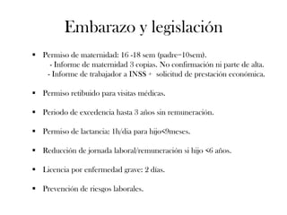 Embarazo y legislación
 Permiso de maternidad: 16 -18 sem (padre=10sem).
    - Informe de maternidad 3 copias. No confirmación ni parte de alta.
   - Informe de trabajador a INSS + solicitud de prestación económica.

 Permiso retibuido para visitas médicas.

 Periodo de excedencia hasta 3 años sin remuneración.

 Permiso de lactancia: 1h/dia para hijo<9meses.

 Reducción de jornada laboral/remuneración si hijo <6 años.

 Licencia por enfermedad grave: 2 días.

 Prevención de riesgos laborales.
 