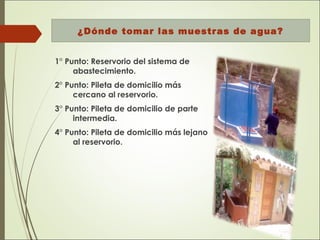 ¿Dónde tomar las muestras de agua?
1° Punto: Reservorio del sistema de
abastecimiento.
2° Punto: Pileta de domicilio más
cercano al reservorio.
3° Punto: Pileta de domicilio de parte
intermedia.
4° Punto: Pileta de domicilio más lejano
al reservorio.
 