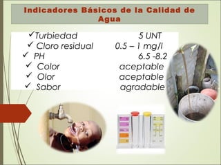 Indicadores Básicos de la Calidad de
Agua
Turbiedad 5 UNT
 Cloro residual 0.5 – 1 mg/l
 PH 6.5 -8.2
 Color aceptable
 Olor aceptable
 Sabor agradable
 