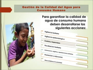 Gestión de la Calidad del Agua para
Consumo Humano
Para garantizar la calidad de
agua de consumo humano
deben desarrollarse las
siguientes acciones:
 