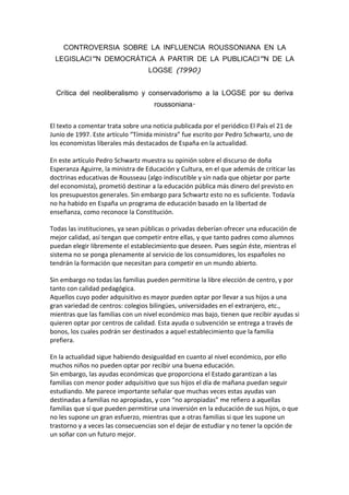 Controversia sobre la influencia Roussoniana en la legislación democrática a partir de la publicación de la LOGSE