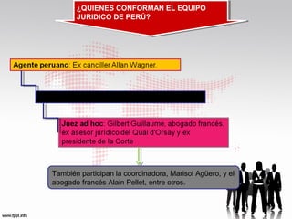 ¿QUIENES CONFORMAN EL EQUIPO
¿QUIENES CONFORMAN EL EQUIPO
JURIDICO DE PERÚ?
JURIDICO DE PERÚ?

Coagente: Embajador Jorge Chávez

También participan la coordinadora, Marisol Agüero, y el
abogado francés Alain Pellet, entre otros.

 