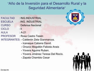 “Año de la Inversión para el Desarrollo Rural y la
Seguridad Alimentaria”
FACULTAD
: ING.INDUSTRIAL
ESCUELA
: ING. INDUSTRIAL
CURSO
: Defensa Nacional
CICLO
: II
AULA
: A-21
PROFESOR : Rosa Castro Tesén
INTEGRANTES: - Calderón Zeta Gianmarcos.
- Icanaque Cabana David.
- Orozco Mogollón Fabiola Anais
- Yovera Aguirre Ruben.
- Yovera Jiménez Teresa Del Rocío.
- Zapata Chambio Cesar

.

 