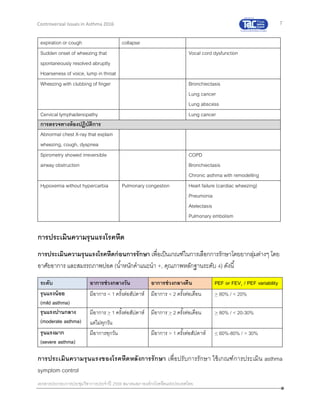 7
เอกสารประกอบการประชุมวิชาการประจาปี 2559 สมาคมสภาองค์กรโรคหืดแห่งประเทศไทย
Controversial Issues in Asthma 2016
expiration or cough collapse
Sudden onset of wheezing that
spontaneously resolved abruptly
Hoarseness of voice, lump in throat
Vocal cord dysfunction
Wheezing with clubbing of finger Bronchiectasis
Lung cancer
Lung abscess
Cervical lymphadenopathy Lung cancer
การตรวจทางห้องปฏิบัติการ
Abnormal chest X-ray that explain
wheezing, cough, dyspnea
Spirometry showed irreversible
airway obstruction
COPD
Bronchiectasis
Chronic asthma with remodelling
Hypoxemia without hypercarbia Pulmonary congestion Heart failure (cardiac wheezing)
Pneumonia
Atelectasis
Pulmonary embolism
การประเมินความรุนแรงโรคหืด
การประเมินความรุนแรงโรคหืดก่อนการรักษา เพื่อเป็นเกณฑ์ในการเลือกการรักษาโดยยากลุ่มต่างๆ โดย
อาศัยอาการ และสมรรถภาพปอด (น้าหนักคาแนะนา +, คุณภาพหลักฐานระดับ 4) ดังนี้
ระดับ อาการช่วงกลางวัน อาการช่วงกลางคืน PEF or FEV1 / PEF variability
รุนแรงน้อย
(mild asthma)
มีอาการ < 1 ครั้งต่อสัปดาห์ มีอาการ < 2 ครั้งต่อเดือน > 80% / < 20%
รุนแรงปานกลาง
(moderate asthma)
มีอาการ > 1 ครั้งต่อสัปดาห์
แต่ไม่ทุกวัน
มีอาการ > 2 ครั้งต่อเดือน > 80% / < 20-30%
รุนแรงมาก
(severe asthma)
มีอาการทุกวัน มีอาการ > 1 ครั้งต่อสัปดาห์ < 60%-80% / > 30%
การประเมินความรุนแรงของโรคหืดหลังการรักษา เพื่อปรับการรักษา ใช้เกณฑ์การประเมิน asthma
symptom control
 