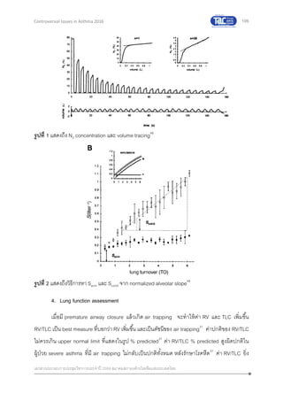 106
เอกสารประกอบการประชุมวิชาการประจาปี 2559 สมาคมสภาองค์กรโรคหืดแห่งประเทศไทย
Controversial Issues in Asthma 2016
รูปที่ 1 แสดงถึง N2 concentration และ volume tracing48
รูปที่ 2 แสดงถึงวิธีการหา Sacin และ Scond จาก normalized alveolar slope48
4. Lung function assessment
เมื่อมี premature airway closure แล้วเกิด air trapping จะทาให้ค่า RV และ TLC เพิ่มขึ้น
RV/TLC เป็น best measure ที่บอกว่า RV เพิ่มขึ้น และเป็นดัชนีของ air trapping31
ค่าปกติของ RV/TLC
ไม่ควรเกิน upper normal limit ที่แสดงในรูป % predicted31
ค่า RV/TLC % predicted สูงผิดปกติใน
ผู้ป่วย severe asthma ที่มี air trapping ไม่กลับเป็นปกติทั้งหมด หลังรักษาโรคหืด51
ค่า RV/TLC ยิ่ง
 