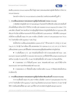 118
เอกสารประกอบการประชุมวิชาการประจาปี 2559 สมาคมสภาองค์กรโรคหืดแห่งประเทศไทย
Controversial Issues in Asthma 2016
ส่งเสริม protective immune response ซึ่งนาไปสู่การลดการตอบสนองต่อสารภูมิแพ้ หรือเรียกว่าเกิดภาวะ
immune tolerance
โดยกลไกการเกิดภาวะ immune tolerance แบ่งออกเป็น 3 องค์ประกอบหลักดังนี้(รูปที่ 1)
1. การเปลี่ยนแปลงของการตอบสนองทางภูมิคุ้มกันชนิดเซลล์ (Cellular immunity)
การสัมผัสสารก่อภูมิแพ้ทางอากาศ (aeroallergen) ในธรรมชาติ จะได้รับปริมาณน้อย อย่างต่อเนื่องที่
บริเวณชั้นเยื่อบุทางเดินหายใจ ทาให้เกิดการกระตุ้น IgE-mediated immune response ผ่าน helper T (Th)
cells ชนิด 2 เป็นหลัก ในทางตรงข้ามการกระตุ้นภูมิคุ้มกันโดยสารก่อภูมิแพ้วัคซีนปริมาณ high-dose (เมื่อ
เทียบเท่ากับปริมาณได้รับตามธรรมชาติ) ที่บริเวณใต้ผิวหนัง (subcutaneous) หรือใต้ลิ้น (sublingual)
ก่อให้เกิดการเปลี่ยนขั้ว helper (Th) cells จากชนิด 2 เป็นชนิด 1 (shift of T-cell polarization from Th2 to
Th1)3
ร่วมกับเพิ่มการเกิด regulatory T cells (Treg)
ดังนั้นจึงเกิดการเปลี่ยนแปลงของสัดส่วน cytokine ต่างๆ4,5
ที่จาเพาะต่อ Th1 (IFN-, IL-12) และ
Treg (IL-10, TGF-) ในทางเพิ่มมากขึ้น และลดลงของ Th2 cytokines (IL-4, IL-5, IL-9, IL-13) โดยการ
เปลี่ยนแปลงของ cytokine เหล่านี้มีผลต่อการตอบสนองของภูมิคุ้มชนิดเซลล์ต่อสารก่อภูมิแพ้ เช่น
 การเพิ่มขึ้นของ IL-10 และ TGF- มีฤทธิ์ยับยั้งการทางานของเซลล์มาสต์ (mast cell),
eosinophil, basophil และยับยั้งการ maturation ของ dendritic cell ซึ่งมีหน้าที่เป็น antigen-presenting cell
หลักในการกระตุ้น Th2 นอกจากนี้IL-10 และ TGF- มีฤทธิ์ยับยั้งการทางานของ Th2 โดยตรงอีกด้วย
 การลดลงของ IL-9 ซึ่งมีฤทธิ์ growth factor ต่อเซลล์มาสต์ (mast cell) ทาให้มีการเกิด
desensitization ลดการแตกตัวของเซลล์มาสต์ (mast cell)
 การลดลงของ IL-13 ซึ่งมีฤทธิ์กระตุ้นการหลั่งสารเมือก (mucus) ทาให้ลดสารคัดหลั่งบริเวณ
ทางเดินหายใจ
2. การเปลี่ยนแปลงของการตอบสนองทางภูมิคุ้มกันชนิดอาศัยแอนติบอดี้ (Humoral immunity)
จากการเปลี่ยนขั้ว helper (Th) cells จากชนิด 2 เป็นชนิด 1 (shift of T-cell polarization from Th2
to Th1)3
ร่วมกับเพิ่มการเกิด regulatory T cells (Treg) มีผลต่อ B cell activation โดยสาร IL-10 และ TGF-
ให้ทาการหลั่งแอนติบอดี้ชนิด IgG, IgG4, IgA ที่มีความจาเพาะต่อสารก่อภูมิแพ้ (allergen-specific)
 