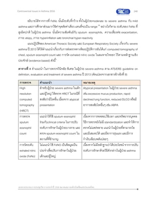 246
เอกสารประกอบการประชุมวิชาการประจาปี 2559 สมาคมสภาองค์กรโรคหืดแห่งประเทศไทย
Controversial Issues in Asthma 2016
อธิบายได้จากการที่ FeNo นั้นมีระดับที่กว้าง ทั้งในผู้ป่วยmoderate to severe asthma กับ mild
asthma และการศึกษาส่วนมากใช้ค่าจุดตัดค่าเดียว แทนที่จะเป็น range 58
อย่างไรก็ตาม ระดับของ FeNo ที่
สูงผิดปกติ ในผู้ป่วย asthma นั้นมีความสัมพันธ์กับ sputum eosinophils, ความเสี่ยงต่อ exacerbation,
ภาวะ atopy, ภาวะ hyperinflation และ bronchial hyper-reactivity
แนวปฏิบัติของ American Thoracic Society และ European Respiratory Society เกี่ยวกับ severe
asthma ปี 2013 ได้ให้คาแนะนาเกี่ยวกับการส่งตรวจทางห้องปฏิบัติการอันได้แก่ computed tomography of
chest, sputum eosinophil count และ การวัด exhaled nitric oxide ในลมหายใจออก ไว้ตามหลักฐานเชิง
ประจักษ์ (evidence based) ดังนี้9
ตารางที่ 4 คาแนะนา ในการตรวจวินิจฉัย พิเศษ ในผู้ป่วย severe asthma ตาม ATS/ERS guideline on
definition, evaluation and treatment of severe asthma ปี 2013 (ดัดแปลงจากเอกสารอ้างอิงที่ 9)
การตรวจ คาแนะนา หมายเหตุ
High
resolution
computed
tomography
(HRCT)
สาหรับผู้ป่วย severe asthma ในเด็ก
และผู้ใหญ่ ให้ตรวจ HRCT ในกรณีที่
สงสัยว่ามีโรคอื่น เนื่องจาก atypical
presentation
Atypical presentation ในผู้ป่วย severe asthma
เช่น excessive mucus production, rapid
declined lung function, reduced DLCO หรือมี
อาการสงสัยโรคอื่นๆ เช่น ABPA
การตรวจ
sputum
eosnophil
count
แนะนาให้ใช้ sputum eosnophil
ร่วมกับclinical criteria ในการปรับ
ระดับการรักษาในผู้ป่วยบางราย และ
ตรวจ sputum eosinophil count ใน
สถานที่ที่ชานาญ
เนื่องจากการทดสอบใช้เวลา และทรัพยากรบุคคล
วิธีการตรวจยังไม่มี standardization และทาให้การ
ตรวจไม่แพร่หลาย แนะนาในผู้ป่วยที่สามารถไอ
และมีเสมหะได้ และมีอาการรุนแรง และมีการ
กาเริบเฉียบพลันบ่อยๆ
การวัดระดับ
exhaled nitric
oxide (FeNo)
ไม่แนะนาใช้ FeNO เป็นข้อมูลเป็น
ประจาเพื่อปรับการรักษาในผู้ป่วย
เด็กและผู้ใหญ่
เนื่องจากไม่มีหลักฐานว่าได้ประโยชน์ จากการปรับ
ระดับการรักษาด้วยวิธีดังกล่าวในผู้ป่วย asthma
 