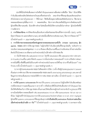 22
เอกสารประกอบการประชุมวิชาการประจาปี 2559 สมาคมสภาองค์กรโรคหืดแห่งประเทศไทย
Controversial Issues in Asthma 2016
ประวัติที่เป็นปัจจัยเสี่ยงของการเกิดหืดกาเริบรุนแรงและอาจเสี่ยงต่อการเสียชีวิต ได้แก่ มีประวัติหืด
กาเริบเฉียบพลันจนต้องใส่ท่อช่วยหายใจและเครื่องช่วยหายใจ เคยมารักษาที่ห้องฉุกเฉินและต้องนอนรักษา
ตัวในโรงพยาบาลภายในระยะเวลา 1 ปีที่ผ่านมา ใช้หรือเพิ่งหยุดยาสเตียรอยด์ชนิดรับประทาน ใช้ยาขยาย
หลอดลมชนิดออกฤทธิ์สั้นมากกว่า 1 หลอดต่อเดือน มีอาการทางจิตเวชหรือมีปัญหาทางจิตสังคมรวมถึง
ผู้ป่วยที่ต้องใช้ยานอนหลับ มีประวัติการรักษาไม่ต่อเนื่องหรือไม่ให้ความร่วมมือในการรักษา ผู้ป่วยโรคหืดที่มี
การแพ้อาหาร
2. การให้ออกซิเจน ควรให้ออกซิเจนเมื่อระดับความอิ่มตัวของออกซิเจนที่วัดจากปลายนิ้ว (SpO2) แรกรับ
น้อยกว่าร้อยละ 93 และควรติดตาม SpO2 อย่างต่อเนื่องเพื่อรักษาระดับของ SpO2 ให้มากกว่าร้อยละ 9352-54
(น้าหนักคาแนะนา ++, คุณภาพหลักฐานระดับ 2)
3. การให้ยาขยายหลอดลมชนิดพ่นสูดขยายหลอดลมออกฤทธิ์เร็ว (inhaled rapid-acting 2
agonist, RABA) หลักการให้ยาสูด RABA ในผู้ป่วยหืดกาเริบเฉียบพลันที่ห้องฉุกเฉินคือ จะต้องทาการ
ประเมินการตอบสนองหลังสูดพ่นยา 15-20 นาทีเสมอ เพื่อเป็นเกณฑ์ชี้แนะว่าจะต้องพ่นยาซ้าอย่างต่อเนื่อง
ต้องรับไว้ในโรงพยาบาล หรือสามารถจาหน่ายกลับบ้านได้ หลักการให้ RABA คือ
3.1 เริ่มให้ RABA เช่น salbutamol 2.5-5 มก. โดยวิธี nebulization หรือ salbutamol 400-1,000 มคก.
(4-10 puffs) ผ่านเครื่อง pMDI ที่ต่อกับ spacer จากนั้นประเมินการตอบสนองที่ 15-20 นาทีหลังการพ่นยา
หากยังไม่ดีขึ้น หรือดีขึ้นแต่ยังไม่ถึงเกณฑ์การจาหน่ายกลับบ้านสามารถให้ซ้าทุก 20 นาทีในชั่วโมงแรก55
รวม
จานวน 3 ครั้ง (น้าหนักคาแนะนา ++, คุณภาพหลักฐานระดับ 1)
3.2 หากผู้ป่วยตอบสนองต่อ RABA ไม่ดีพอหลังการให้ยา 3 ครั้ง หรือผู้ป่วยหอบรุนแรงมาก (severe)
ตั้งแต่แรก อาจพิจารณาให้ยาขยายหลอดลมชนิด RABA ผสมกับ short-acting anticholinergic แทน เพราะมี
ข้อมูลว่าอาจช่วยเพิ่มสมรรถภาพปอดได้ดีกว่าการพ่น RABA อย่างเดียว (น้าหนักคาแนะนา ++, คุณภาพ
หลักฐานระดับ 1)
4. การให้ systemic corticosteroids พิจารณาให้ systemic corticosteroid ในผู้ป่วยหืดกาเริบเฉียบพลันทุก
รายที่ตรวจพบอาการแสดงที่รุนแรงมาก (ตารางที่ 1) หรือมีประวัติที่เป็นปัจจัยเสี่ยงต่อการกาเริบรุนแรง โดย
เริ่มให้ทันทีพร้อมกับการให้ยาสูด RABA ครั้งแรกและให้ต่อเนื่องจนผู้ป่วยจาหน่ายกลับบ้าน รูปแบบยาที่ใช้
อาจเป็นชนิดฉีดทางหลอดเลือดดา เช่น dexamethasone 4-5 มก. หรือ hydrocortisone 100 มก. ทุก 6-8
ชั่วโมง ในผู้ป่วยที่กาเริบไม่รุนแรงมากอาจให้ prednisolone รับประทานวันละ 30-50 มก. (0.5-1 mg/kg/d)
ผู้ป่วยที่ได้ systemic corticosteroid ที่ห้องฉุกเฉินทุกรายจาเป็นต้องได้ prednisolone รับประทานต่อเนื่อง
เมื่อจาหน่ายกลับบ้านอีก 5-7 วัน56-58
(น้าหนักคาแนะนา ++, คุณภาพหลักฐานระดับ 1) เวลาของการเริ่ม
 