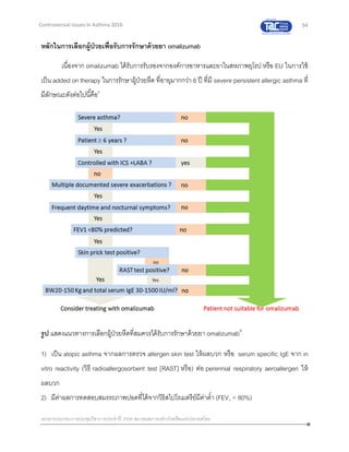 54
เอกสารประกอบการประชุมวิชาการประจาปี 2559 สมาคมสภาองค์กรโรคหืดแห่งประเทศไทย
Controversial Issues in Asthma 2016
หลักในการเลือกผู้ป่วยเพื่อรับการรักษาด้วยยา omalizumab
เนื่องจาก omalizumab ได้รับการรับรองจากองค์การอาหารและยาในสหภาพยุโรป หรือ EU ในการใช้
เป็น added on therapy ในการรักษาผู้ป่วยหืด ที่อายุมากกว่า 6 ปี ที่มี severe persistent allergic asthma ที่
มีลักษณะดังต่อไปนี้คือ8
รูป แสดงแนวทางการเลือกผู้ป่วยหืดที่สมควรได้รับการรักษาด้วยยา omalizumab8
1) เป็น atopic asthma จากผลการตรวจ allergen skin test ให้ผลบวก หรือ serum specific IgE จาก in
vitro reactivity (วิธี radioallergosorbent test [RAST] หรือ) ต่อ perennial respiratory aeroallergen ให้
ผลบวก
2) มีค่าผลการทดสอบสมรรถภาพปอดที่ได้จากวิธิสไปโรเมตรีย์มีค่าต่า (FEV1 < 80%)
 