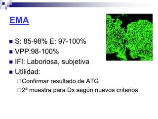EMA
 S: 85-98% E: 97-100%
 VPP:98-100%
 IFI: Laboriosa, subjetiva
 Utilidad:
Confirmar resultado de ATG
2ª muestra para Dx según nuevos criterios
 