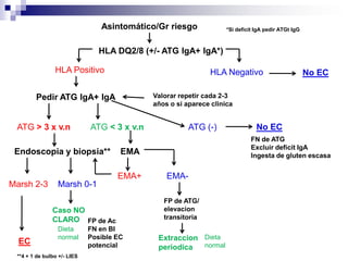 Asintomático/Gr riesgo
HLA DQ2/8 (+/- ATG IgA+ IgA*)
HLA Positivo HLA Negativo
*Si deficit IgA pedir ATGt IgG
No EC
Pedir ATG IgA+ IgA
ATG > 3 x v.n ATG (-)
EMA
FN de ATG
Excluir deficit IgA
Ingesta de gluten escasa
EMA+ EMA-
Marsh 0-1Marsh 2-3
EC
Caso NO
CLARO FP de Ac
FN en BI
Posible EC
potencial
ATG < 3 x v.n
Valorar repetir cada 2-3
años o si aparece clinica
No EC
Endoscopia y biopsia**
**4 + 1 de bulbo +/- LIES
Dieta
normal
FP de ATG/
elevacion
transitoria
Extraccion
periodica
Dieta
normal
 