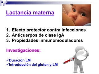 Lactancia materna
1. Efecto protector contra infecciones
2. Anticuerpos de clase IgA
3. Propiedades inmunomoduladores
Investigaciones:
Duración LM
Introducción del gluten y LM
 