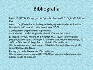 Bibliografía
• Freire, P. (1979). Pedagogía del Oprimido. México D.F.: Siglo XXI Editores
S.A.
• López J.O. (2008). Paulo Freire y la Pedagogía del Oprimido. Revista
Historia de la Educación Latinoamericana, 57-72.
• Conductismo. Disponible en http://www.e-
torredebabel.com/Psicologia/Vocabulario/Conductismo.htm
• El Modelo TPACK. Mishra, P. & Koehler, M. J. (2006) Technological
pedagogical content knowledge: A framework for teacher knowledge, 1017-
1054. In Teachers College Record 108 (6). Disponible en:
http://www.mendeley.com/research/what-istechnological-pedagogical-
content-knowledge-tpack
• Pedagogía de la Alternancia. Disponible en
http://www.enredando.org.ar/2013/07/12/pedagogia-de-la-alternancia-
educar-desde-el-territorio/
 