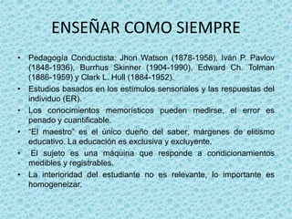 ENSEÑAR COMO SIEMPRE
• Pedagogía Conductista: Jhon Watson (1878-1958), Iván P. Pavlov
(1848-1936), Burrhus Skinner (1904-1990), Edward Ch. Tolman
(1886-1959) y Clark L. Hull (1884-1952).
• Estudios basados en los estímulos sensoriales y las respuestas del
individuo (ER).
• Los conocimientos memorísticos pueden medirse, el error es
penado y cuantificable.
• “El maestro” es el único dueño del saber, márgenes de elitismo
educativo. La educación es exclusiva y excluyente.
• El sujeto es una máquina que responde a condicionamientos
medibles y registrables.
• La interioridad del estudiante no es relevante, lo importante es
homogeneizar.
 