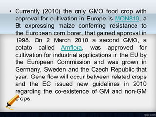 • Currently (2010) the only GMO food crop with
  approval for cultivation in Europe is MON810, a
  Bt expressing maize conferring resistance to
  the European corn borer, that gained approval in
  1998. On 2 March 2010 a second GMO, a
  potato called Amflora, was approved for
  cultivation for industrial applications in the EU by
  the European Commission and was grown in
  Germany, Sweden and the Czech Republic that
  year. Gene flow will occur between related crops
  and the EC issued new guidelines in 2010
  regarding the co-existence of GM and non-GM
  crops.
 