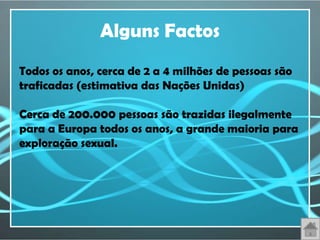 Alguns Factos
Todos os anos, cerca de 2 a 4 milhões de pessoas são
traficadas (estimativa das Nações Unidas)

Cerca de 200.000 pessoas são trazidas ilegalmente
para a Europa todos os anos, a grande maioria para
exploração sexual.
 