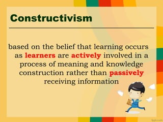 Constructivism
based on the belief that learning occurs
as learners are actively involved in a
process of meaning and knowledge
construction rather than passively
receiving information
 