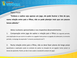 Tópico frasal:
“Embora o xadrez seja apenas um jogo, ele pode ilustrar o fato de que,
numa relação entre pais e filhos, não se pode planejar mais que uns poucos
lances adiante.”
Ideias nucleares apresentadas e seu respectivo desenvolvimento:
1. Comparação entre jogo de xadrez e relação pais e filhos (no segundo período,
uma explicação do que ocorre no xadrez se o jogador tenta prever as jogadas do adversário; no terceiro
período, o emprego da expressão “o mesmo acontecerá com”)
2. Numa relação entre pais e filhos, não se deve fazer planos de longo prazo
(parafraseia a explicação usada no contexto do xadrez na situação de um jogador tentar prever os
lances do oponente. Porém, já não é mais usado o vocabulário próprio do jogo)
 