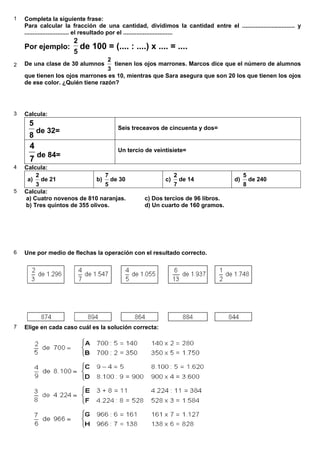 1 Completa la siguiente frase:
Para calcular la fracción de una cantidad, dividimos la cantidad entre el ................................ y
........................... el resultado por el ..............................
Por ejemplo:
5
2
de 100 = (.... : ....) x .... = ....
2 De una clase de 30 alumnos
3
2
tienen los ojos marrones. Marcos dice que el número de alumnos
que tienen los ojos marrones es 10, mientras que Sara asegura que son 20 los que tienen los ojos
de ese color. ¿Quién tiene razón?
3 Calcula:
8
5
de 32= Seis treceavos de cincuenta y dos=
7
4
de 84=
Un tercio de veintisiete=
4 Calcula:
a)
3
2
de 21 b)
5
7
de 30 c)
7
2
de 14 d)
8
5
de 240
5 Calcula:
a) Cuatro novenos de 810 naranjas. c) Dos tercios de 96 libros.
b) Tres quintos de 355 olivos. d) Un cuarto de 160 gramos.
6 Une por medio de flechas la operación con el resultado correcto.
7 Elige en cada caso cuál es la solución correcta:
6.6. Fracción de una cantidad
 