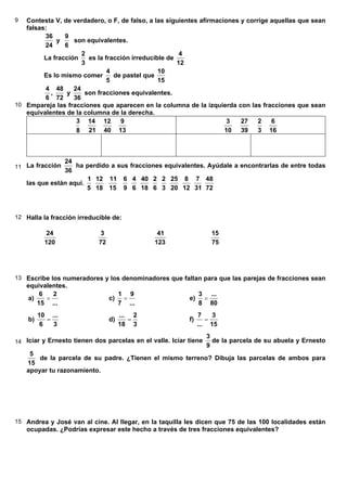 9 Contesta V, de verdadero, o F, de falso, a las siguientes afirmaciones y corrige aquellas que sean
falsas:
24
36
y
6
9
son equivalentes.
La fracción
3
2
es la fracción irreducible de
12
4
Es lo mismo comer
5
4
de pastel que
15
10
6
4
,
72
48
y
36
24
son fracciones equivalentes.
10 Empareja las fracciones que aparecen en la columna de la izquierda con las fracciones que sean
equivalentes de la columna de la derecha.
8
3
21
14
40
12
13
9
10
3
39
27
3
2
16
6
11 La fracción
36
24
ha perdido a sus fracciones equivalentes. Ayúdale a encontrarlas de entre todas
las que están aquí.
5
1
18
12
15
11
9
6
6
4
18
40
6
2
3
2
20
25
12
8
31
7
72
48
12 Halla la fracción irreducible de:
120
24
72
3
123
41
75
15
13 Escribe los numeradores y los denominadores que faltan para que las parejas de fracciones sean
equivalentes.
a)
...
2
15
6
= c)
...
9
7
1
= e)
80
...
8
3
=
b)
3
...
6
10
= d)
3
2
18
...
= f)
15
3
...
7
=
14 Icíar y Ernesto tienen dos parcelas en el valle. Icíar tiene
9
3
de la parcela de su abuela y Ernesto
15
5
de la parcela de su padre. ¿Tienen el mismo terreno? Dibuja las parcelas de ambos para
apoyar tu razonamiento.
15 Andrea y José van al cine. Al llegar, en la taquilla les dicen que 75 de las 100 localidades están
ocupadas. ¿Podrías expresar este hecho a través de tres fracciones equivalentes?
 