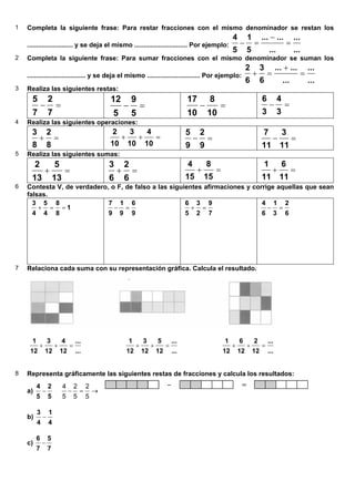 1 Completa la siguiente frase: Para restar fracciones con el mismo denominador se restan los
......................... y se deja el mismo ............................. Por ejemplo:
...
...
...
......
5
1
5
4
=
−
=−
2 Completa la siguiente frase: Para sumar fracciones con el mismo denominador se suman los
................................ y se deja el mismo ............................. Por ejemplo:
...
...
...
......
6
3
6
2
=
+
=+
3 Realiza las siguientes restas:
=−
7
2
7
5
=−
5
9
5
12
=−
10
8
10
17
=−
3
4
3
6
4 Realiza las siguientes operaciones:
=+
8
2
8
3
=++
10
4
10
3
10
2
=−
9
2
9
5
=−
11
3
11
7
5 Realiza las siguientes sumas:
=+
13
5
13
2
=+
6
2
6
3
=+
15
8
15
4
=+
11
6
11
1
6 Contesta V, de verdadero, o F, de falso a las siguientes afirmaciones y corrige aquellas que sean
falsas.
1
8
8
4
5
4
3
==+
9
6
9
1
9
7
=−
7
9
2
3
5
6
=+
6
2
3
1
6
4
=−
7 Relaciona cada suma con su representación gráfica. Calcula el resultado.
...
...
12
4
12
3
12
1
=++
...
...
12
5
12
3
12
1
=++
...
...
12
2
12
6
12
1
=++
8 Representa gráficamente las siguientes restas de fracciones y calcula los resultados:
a)
5
2
5
4
− →=−
5
2
5
2
5
4
b)
4
1
4
3
−
c)
7
5
7
6
−
6.4. Suma y resta de fracciones del mismo denominador.
 