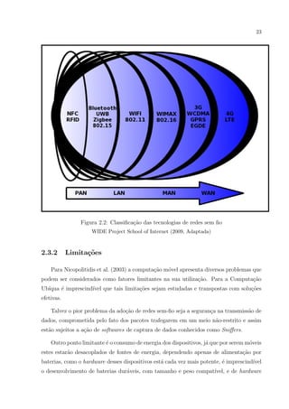 23




                Figura 2.2: Classiﬁca¸˜o das tecnologias de redes sem ﬁo
                                     ca
                    WIDE Project School of Internet (2009, Adaptada)



2.3.2       Limita¸oes
                  c˜

    Para Nicopolitidis et al. (2003) a computa¸ao m´vel apresenta diversos problemas que
                                              c˜   o
podem ser considerados como fatores limitantes na sua utiliza¸˜o. Para a Computa¸ao
                                                             ca                 c˜
Ub´
  ıqua ´ imprescind´ que tais limita¸˜es sejam estudadas e transpostas com solu¸˜es
       e           ıvel             co                                         co
efetivas.

    Talvez o pior problema da ado¸ao de redes sem-ﬁo seja a seguran¸a na transmiss˜o de
                                 c˜                                c              a
dados, comprometida pelo fato dos pacotes trafegarem em um meio n˜o-restrito e assim
                                                                 a
est˜o sujeitos a a¸˜o de softwares de captura de dados conhecidos como Sniﬀers.
   a              ca

    Outro ponto limitante ´ o consumo de energia dos dispositivos, j´ que por serem m´veis
                          e                                         a                o
estes estar˜o desacoplados de fontes de energia, dependendo apenas de alimenta¸ao por
           a                                                                  c˜
baterias, como o hardware desses dispositivos est´ cada vez mais potente, ´ imprescind´
                                                 a                        e           ıvel
o desenvolvimento de baterias dur´veis, com tamanho e peso compat´
                                 a                               ıvel, e de hardware
 
