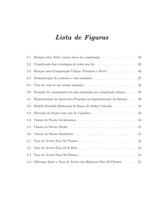 Lista de Figuras

2.1   Rela¸ao entre AmI e outras ´reas da computa¸ao . . . . . . . . . . . . . . 20
          c˜                     a               c˜

2.2   Classiﬁca¸ao das tecnologias de redes sem ﬁo . . . . . . . . . . . . . . . . . 23
               c˜

2.3   Rela¸ao entre Computa¸˜o Ub´
          c˜               ca    ıqua, Pervasiva e M´vel . . . . . . . . . . . . 26
                                                    o

2.4   Demonstra¸ao do contexto e suas entidades . . . . . . . . . . . . . . . . . . 27
               c˜

2.5   Ciclo de vida de um estudo simulado . . . . . . . . . . . . . . . . . . . . . 32

2.6   Exemplo de componentes de uma simula¸ao em computa¸ao ub´
                                          c˜            c˜    ıqua . . . . 33

4.1   Representa¸˜o da Aquitetura Proposta na Implementa¸ao do Sistema . . . 40
                ca                                      c˜

4.2   Modelo Entidade Relacional do Banco de Dados Utilizado . . . . . . . . . 42

4.3   Detec¸ao do Sensor com raio de 3 quadros . . . . . . . . . . . . . . . . . . 43
           c˜

4.4   Classes do Pacote Localezation . . . . . . . . . . . . . . . . . . . . . . . . 44

4.5   Classes do Pacote Model . . . . . . . . . . . . . . . . . . . . . . . . . . . . 45

4.6   Classes do Pacote Simulation . . . . . . . . . . . . . . . . . . . . . . . . . 47

5.1   Taxa de Acerto Para 35 Clientes . . . . . . . . . . . . . . . . . . . . . . . . 52

5.2   Taxa de Acerto Para 10 de Raio . . . . . . . . . . . . . . . . . . . . . . . . 53

5.3   Taxa de Acerto Para 50 Clientes . . . . . . . . . . . . . . . . . . . . . . . . 54

5.4   Diferen¸a Entre a Taxa de Acerto das Hip´teses Para 50 Clientes . . . . . 55
             c                                o
 