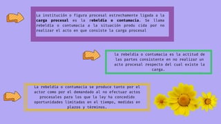 La institución o figura procesal estrechamente ligada a la
carga procesal es la rebeldía o contumacia. Se llama
rebeldía o contumacia a la situación produ­ cida por no
realizar el acto en que consiste la carga procesal
la rebeldía o contumacia es la actitud de
las partes consistente en no realizar un
acto procesal respecto del cual existe la
carga.
La rebeldía o contu­
macia se produce tanto por el
actor como por el demandado al no efectuar actos
procesales para los que la ley ha concedido
oportunidades limitadas en el tiempo, medidas en
plazos y términos.
 