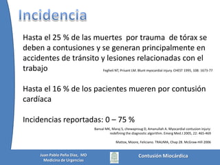 A las 24 h fue dado de alta por CxgralFue evaluado por CxMaxiloFacial quienes solicitaron TAC de caraFue evaluado por Urgentología quienes inician manejo  como IAM	- ASA		- Clopidogrel	- Enoxaparina (anticoagulación) 		- Metoprolol	- Enalapril 	- DNT IsosorbideY se solicitó evaluación urgente por hemodinamia(FC 66 – 78, TA: 100/70)12 h más tarde fue evaluado por Medicina Interna quienes suspendieron manejo de IAM  y consideraron dx de Contusión miocárdica (FC 70, TA: 90/60), estaba pendiente la ECO CardioContusión MiocárdicaJuan Pablo Peña Diaz,  MDMedicina de Urgencias