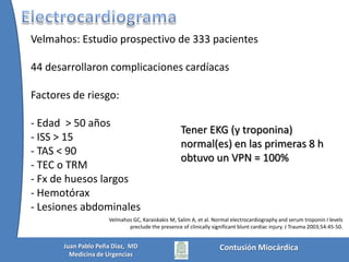DiagnósticoElectrocardiogramaBiomarcadoresECO-CardiogramaSPECTGammagrafía de perfusiónCoronariografíaContusión MiocárdicaJuan Pablo Peña Diaz,  MDMedicina de Urgencias