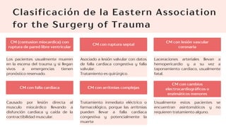 CM (contusion miocardica) con
ruptura de pared libre ventricular
Clasificación de la Eastern Association
for the Surgery of Trauma
Los pacientes usualmente mueren
en la escena del trauma y si llegan
vivos a emergencias tienen
pronóstico reservado.
CM con ruptura septal
Asociado a lesión valvular con datos
de falla cardiaca congestiva y falla
valvular.
Tratamiento es quirúrgico.
CM con lesión vascular
coronaria
Laceraciones arteriales llevan a
hemopericardio y a su vez a
taponamiento cardiaco, usualmente
fatal.
CM con falla cardiaca
Causado por lesión directa al
musculo miocárdico llevando a
disfunción cardiaca y caída de la
contractibilidad muscular.
CM con arritmias complejas
Tratamiento inmediato eléctrico o
farmacológico, porque las arritmias
pueden llevar a falla cardiaca
congestiva y potencialmente la
muerte
CM con cambios
electrocardiográficos o
enzimáticos menores
Usualmente estos pacientes se
encuentran asintomáticos y no
requieren tratamiento alguno.
 