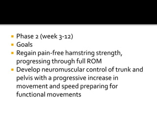  Phase 2 (week 3-12)
 Goals
 Regain pain-free hamstring strength,
progressing through full ROM
 Develop neuromuscular control of trunk and
pelvis with a progressive increase in
movement and speed preparing for
functional movements
 