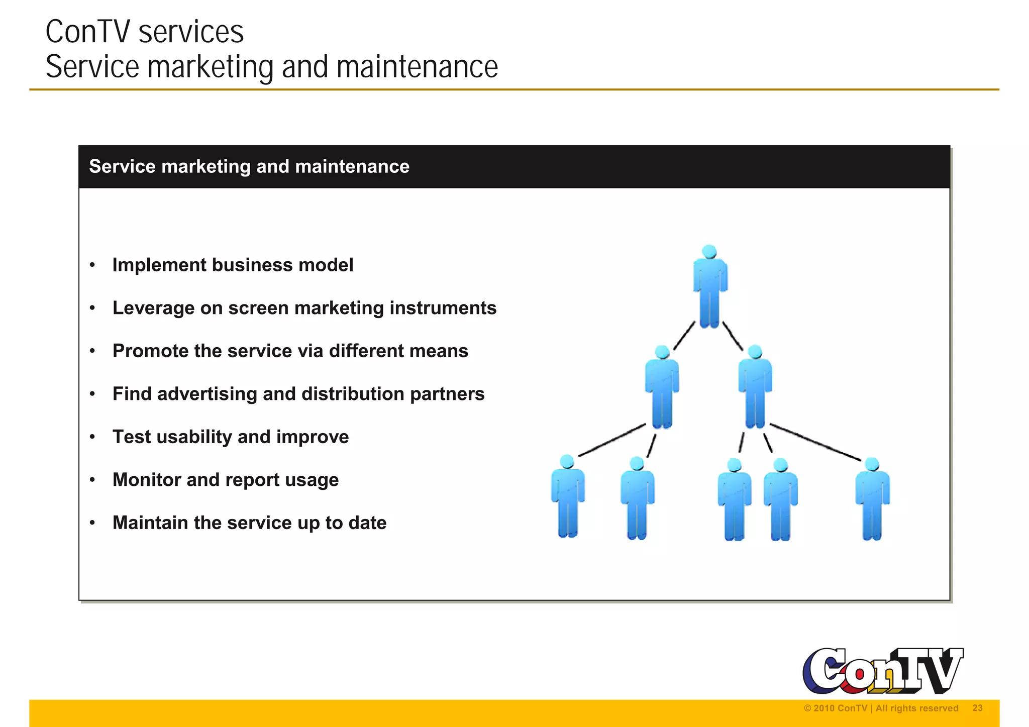 23© 2010 ConTV | All rights reserved
Service marketing and maintenanceService marketing and maintenance
• Implement business model
• Leverage on screen marketing instruments
• Promote the service via different means
• Find advertising and distribution partners
• Test usability and improve
• Monitor and report usage
• Maintain the service up to date
• Implement business model
• Leverage on screen marketing instruments
• Promote the service via different means
• Find advertising and distribution partners
• Test usability and improve
• Monitor and report usage
• Maintain the service up to date
ConTV services
Service marketing and maintenance
 
