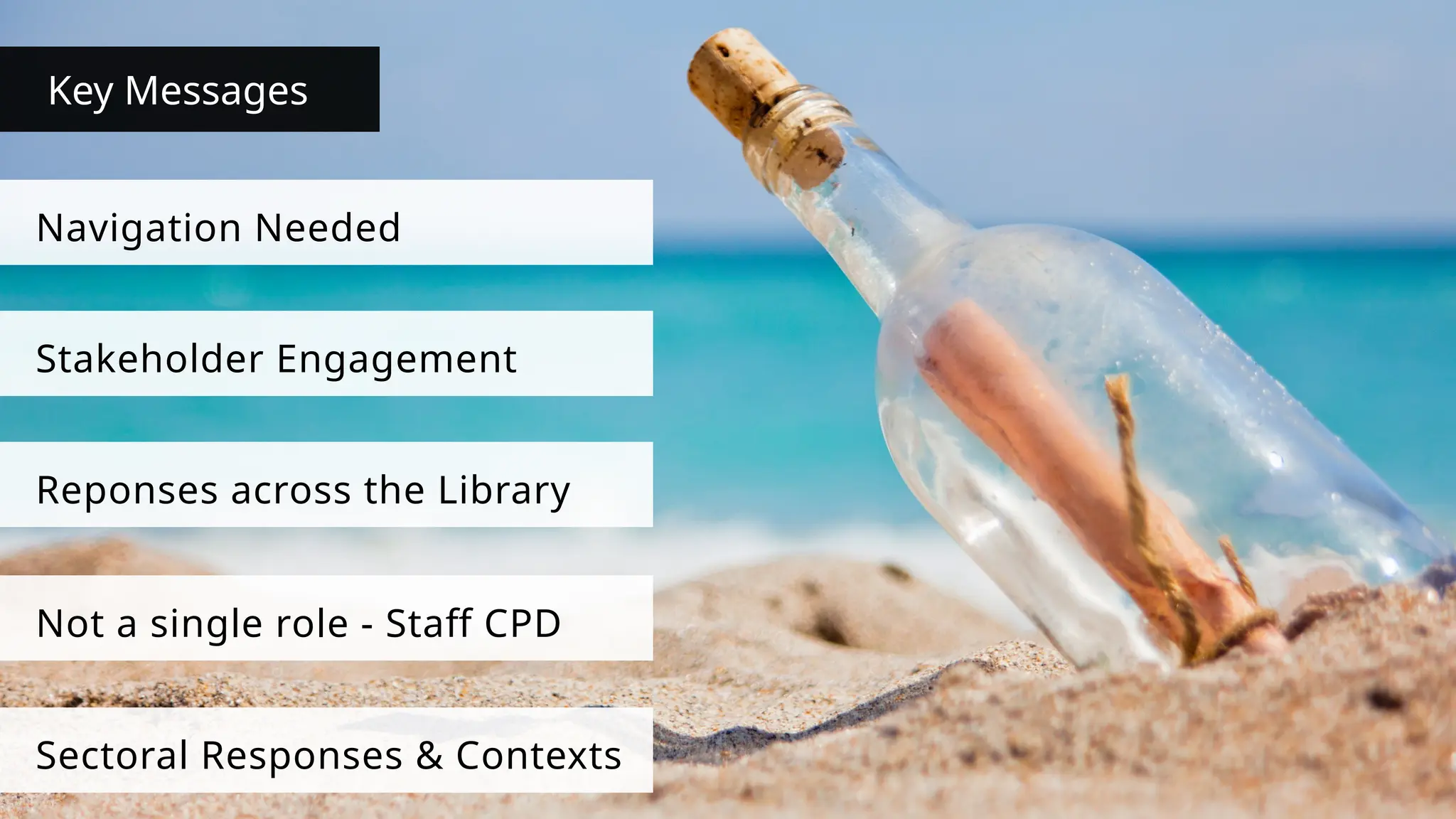 Key Messages
Navigation Needed
Stakeholder Engagement
Reponses across the Library
Not a single role - Staff CPD
Sectoral Responses & Contexts