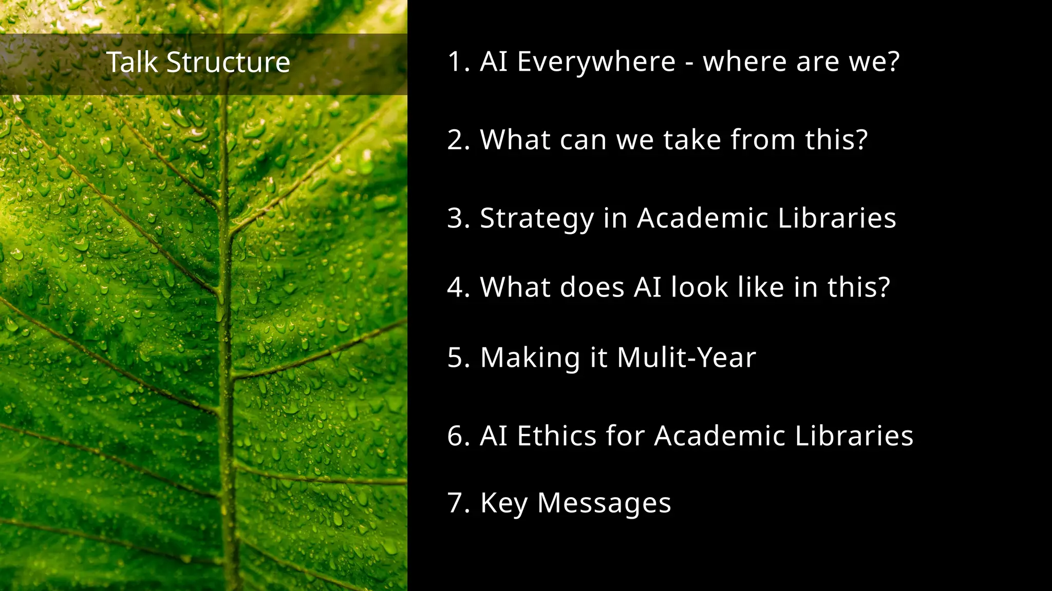 Talk Structure
7. Key Messages
6. AI Ethics for Academic Libraries
5. Making it Mulit-Year
4. What does AI look like in this?
3. Strategy in Academic Libraries
2. What can we take from this?
1. AI Everywhere - where are we?