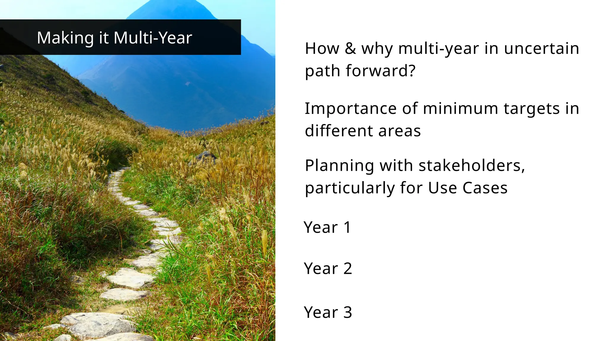 Making it Multi-Year
Year 2
Year 1
Planning with stakeholders,
particularly for Use Cases
Importance of minimum targets in
different areas
How & why multi-year in uncertain
path forward?
Year 3