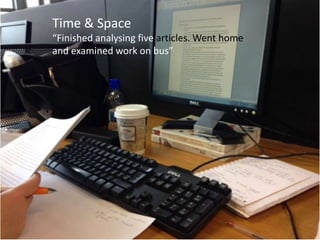Time & Space
“Finished analysing five articles. Went home
and examined work on bus”
 