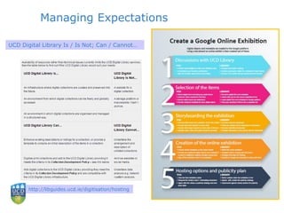 Managing Expectations
http://libguides.ucd.ie/digitisation/hosting
UCD Digital Library Is / Is Not; Can / Cannot…
 