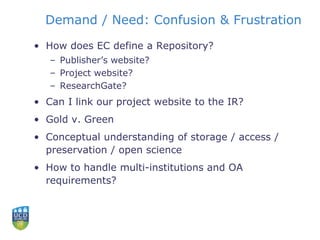 Demand / Need: Confusion & Frustration
• How does EC define a Repository?
– Publisher’s website?
– Project website?
– ResearchGate?
• Can I link our project website to the IR?
• Gold v. Green
• Conceptual understanding of storage / access /
preservation / open science
• How to handle multi-institutions and OA
requirements?
 