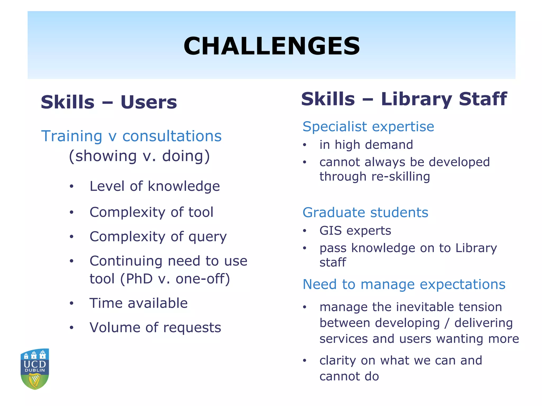 Training v consultations
(showing v. doing)
• Level of knowledge
• Complexity of tool
• Complexity of query
• Continuing need to use
tool (PhD v. one-off)
• Time available
• Volume of requests
Specialist expertise
• in high demand
• cannot always be developed
through re-skilling
Graduate students
• GIS experts
• pass knowledge on to Library
staff
Need to manage expectations
• manage the inevitable tension
between developing / delivering
services and users wanting more
• clarity on what we can and
cannot do
CHALLENGES
Skills – Users Skills – Library Staff
 