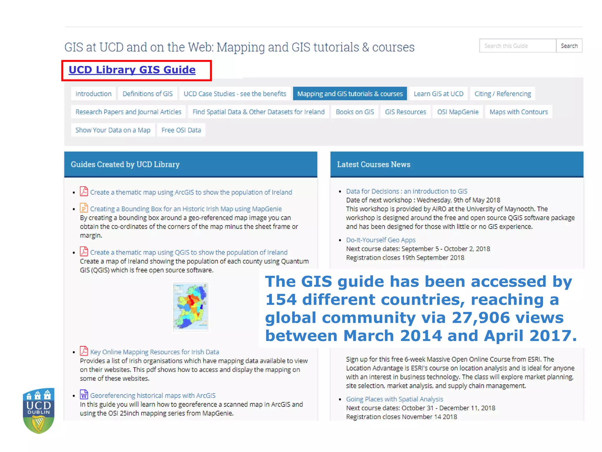 UCD Library GIS Guide
The GIS guide has been accessed by
154 different countries, reaching a
global community via 27,906 views
between March 2014 and April 2017.
 