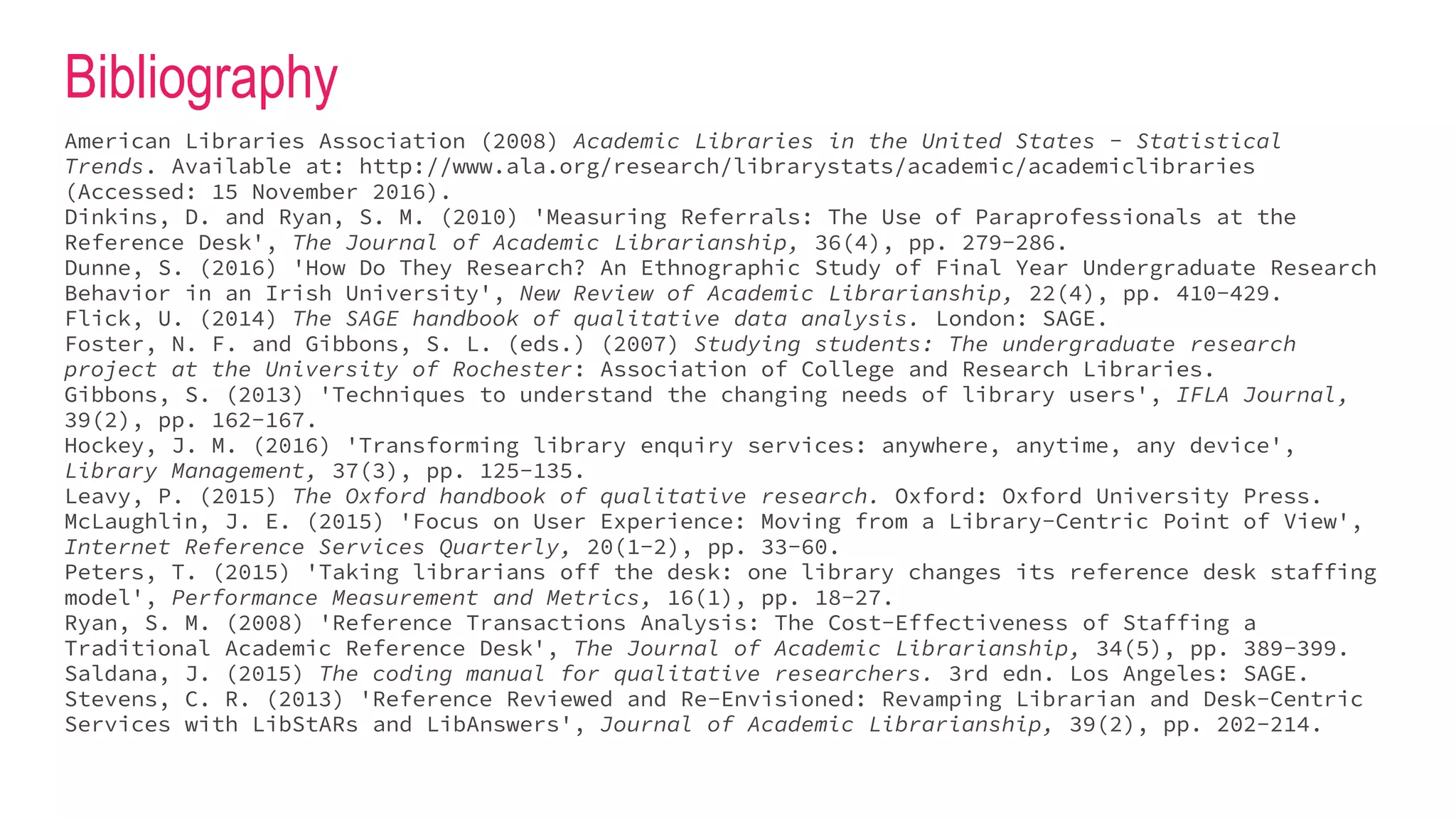 Bibliography
American Libraries Association (2008) Academic Libraries in the United States - Statistical
Trends. Available at: http://www.ala.org/research/librarystats/academic/academiclibraries
(Accessed: 15 November 2016).
Dinkins, D. and Ryan, S. M. (2010) 'Measuring Referrals: The Use of Paraprofessionals at the
Reference Desk', The Journal of Academic Librarianship, 36(4), pp. 279-286.
Dunne, S. (2016) 'How Do They Research? An Ethnographic Study of Final Year Undergraduate Research
Behavior in an Irish University', New Review of Academic Librarianship, 22(4), pp. 410-429.
Flick, U. (2014) The SAGE handbook of qualitative data analysis. London: SAGE.
Foster, N. F. and Gibbons, S. L. (eds.) (2007) Studying students: The undergraduate research
project at the University of Rochester: Association of College and Research Libraries.
Gibbons, S. (2013) 'Techniques to understand the changing needs of library users', IFLA Journal,
39(2), pp. 162-167.
Hockey, J. M. (2016) 'Transforming library enquiry services: anywhere, anytime, any device',
Library Management, 37(3), pp. 125-135.
Leavy, P. (2015) The Oxford handbook of qualitative research. Oxford: Oxford University Press.
McLaughlin, J. E. (2015) 'Focus on User Experience: Moving from a Library-Centric Point of View',
Internet Reference Services Quarterly, 20(1-2), pp. 33-60.
Peters, T. (2015) 'Taking librarians off the desk: one library changes its reference desk staffing
model', Performance Measurement and Metrics, 16(1), pp. 18-27.
Ryan, S. M. (2008) 'Reference Transactions Analysis: The Cost-Effectiveness of Staffing a
Traditional Academic Reference Desk', The Journal of Academic Librarianship, 34(5), pp. 389-399.
Saldana, J. (2015) The coding manual for qualitative researchers. 3rd edn. Los Angeles: SAGE.
Stevens, C. R. (2013) 'Reference Reviewed and Re-Envisioned: Revamping Librarian and Desk-Centric
Services with LibStARs and LibAnswers', Journal of Academic Librarianship, 39(2), pp. 202-214.
 