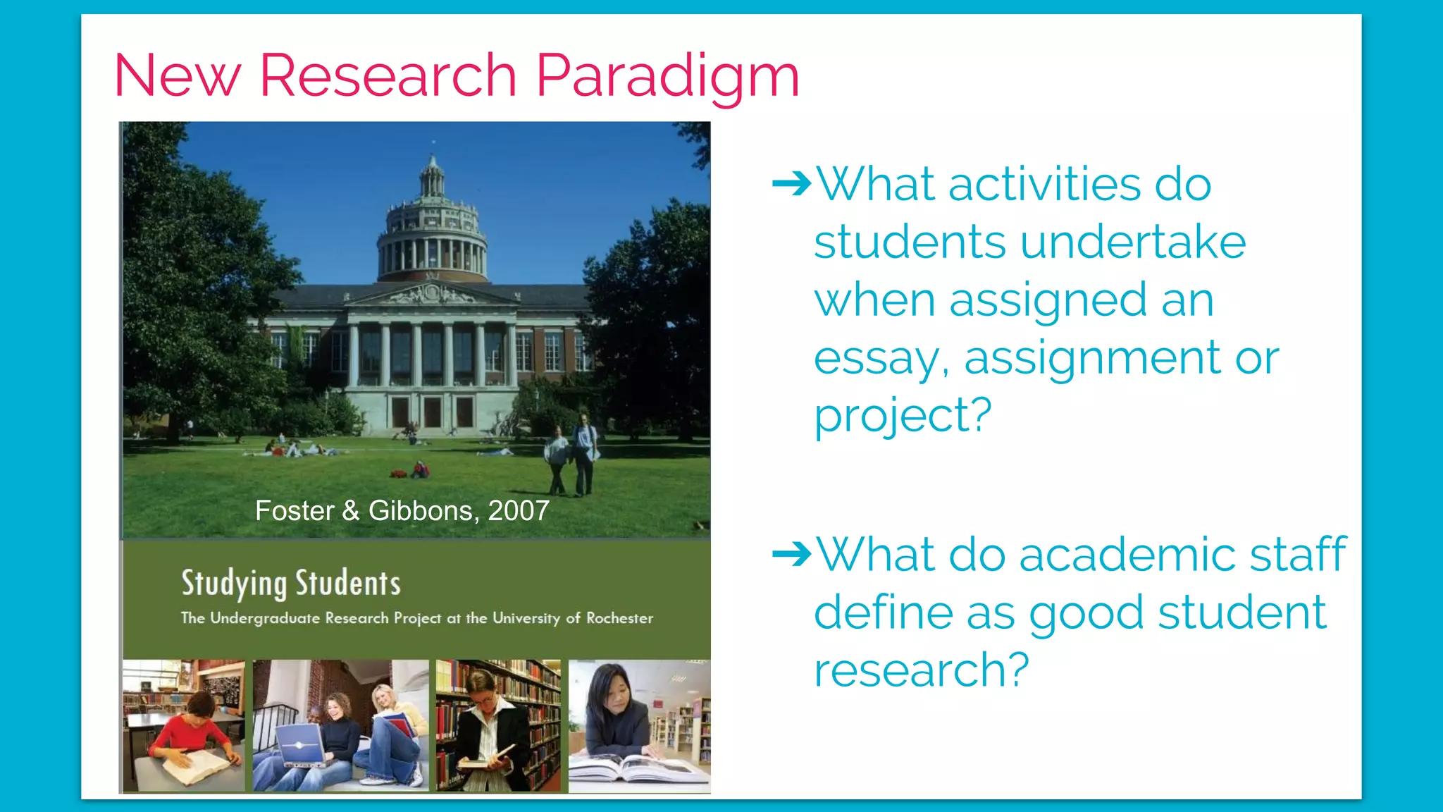 New Research Paradigm
➔What activities do
students undertake
when assigned an
essay, assignment or
project?
➔What do academic staff
define as good student
research?
Foster & Gibbons, 2007
 