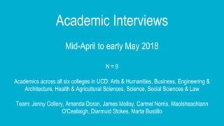 Academic Interviews
Mid-April to early May 2018
N = 9
Academics across all six colleges in UCD: Arts & Humanities, Business, Engineering &
Architecture, Health & Agricultural Sciences, Science, Social Sciences & Law
Team: Jenny Collery, Amanda Doran, James Molloy, Carmel Norris, Maolsheachlann
O'Ceallaigh, Diarmuid Stokes, Marta Bustillo
 