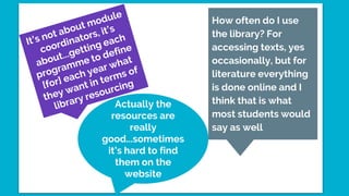 Actually the
resources are
really
good...sometimes
it’s hard to find
them on the
website
How often do I use
the library? For
accessing texts, yes
occasionally, but for
literature everything
is done online and I
think that is what
most students would
say as well
 