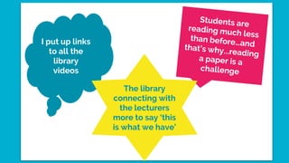 I put up links
to all the
library
videos
The library
connecting with
the lecturers
more to say ‘this
is what we have’
 